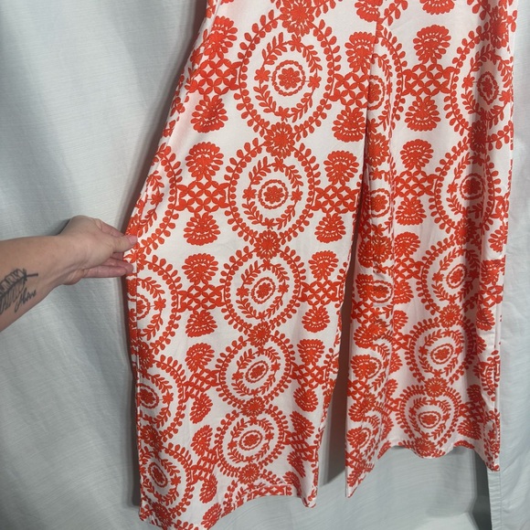 Boho Chic Orange & White Floral Print High Waisted Wide Leg Flowy Palazzo M - Picture 3 of 7